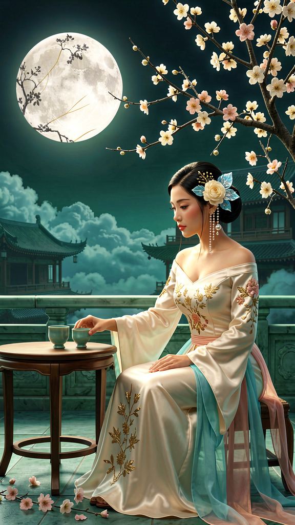 Vertical medium shot: adult Chang'e sits